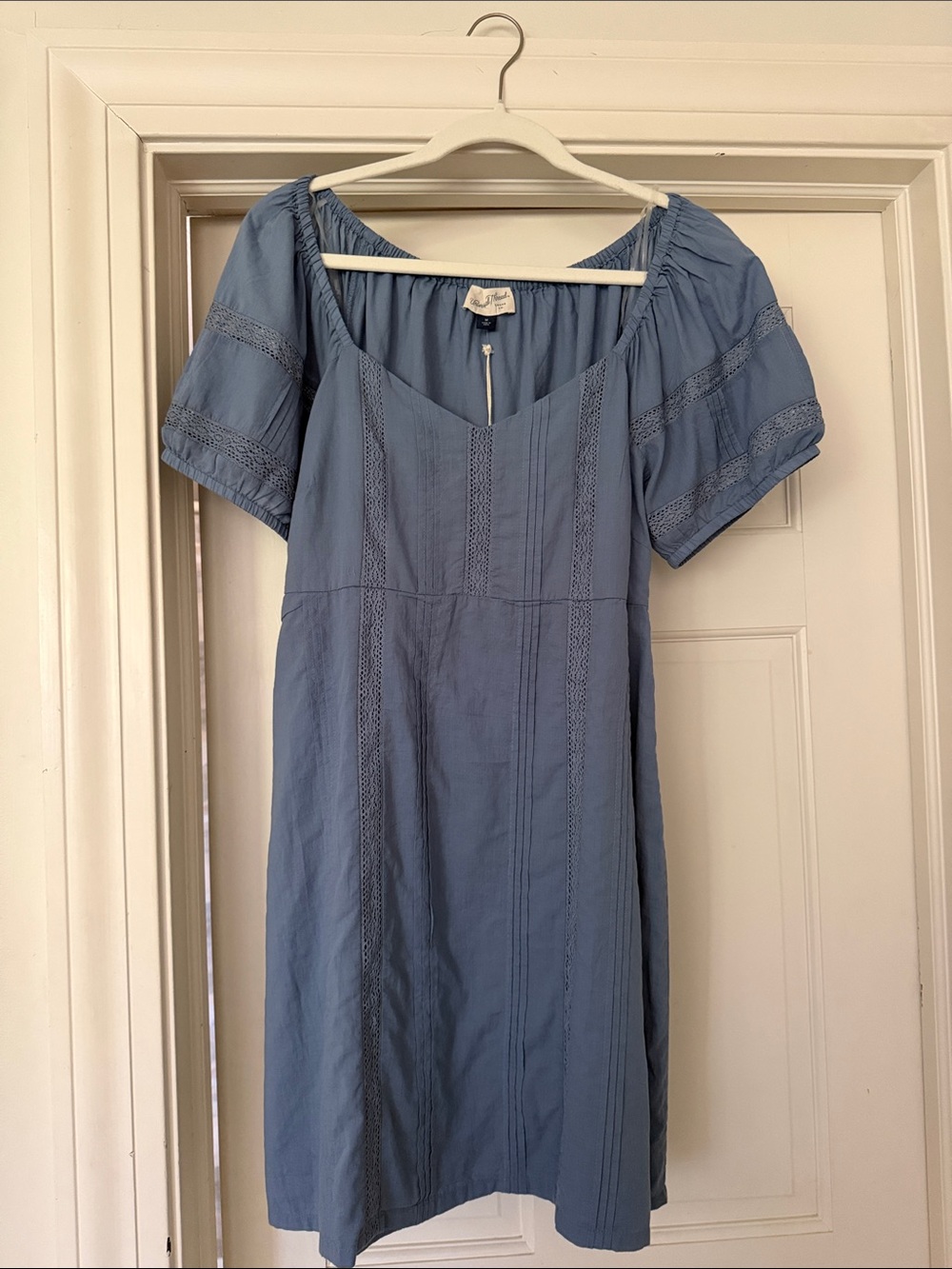 Dusty Blue Lace-Panel Square-Neck Dress